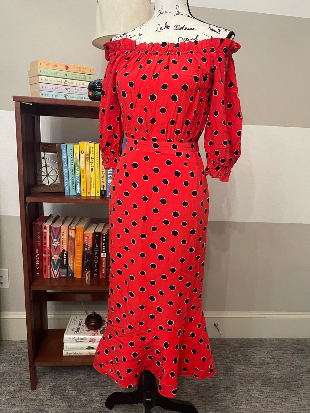 Saloni Grace Red Polka Dot Midi Dress